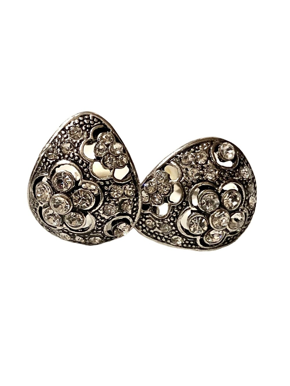 Plated Elegant 80s Teardrop with Crystal Flower Bloom Petite Clip Button Earring